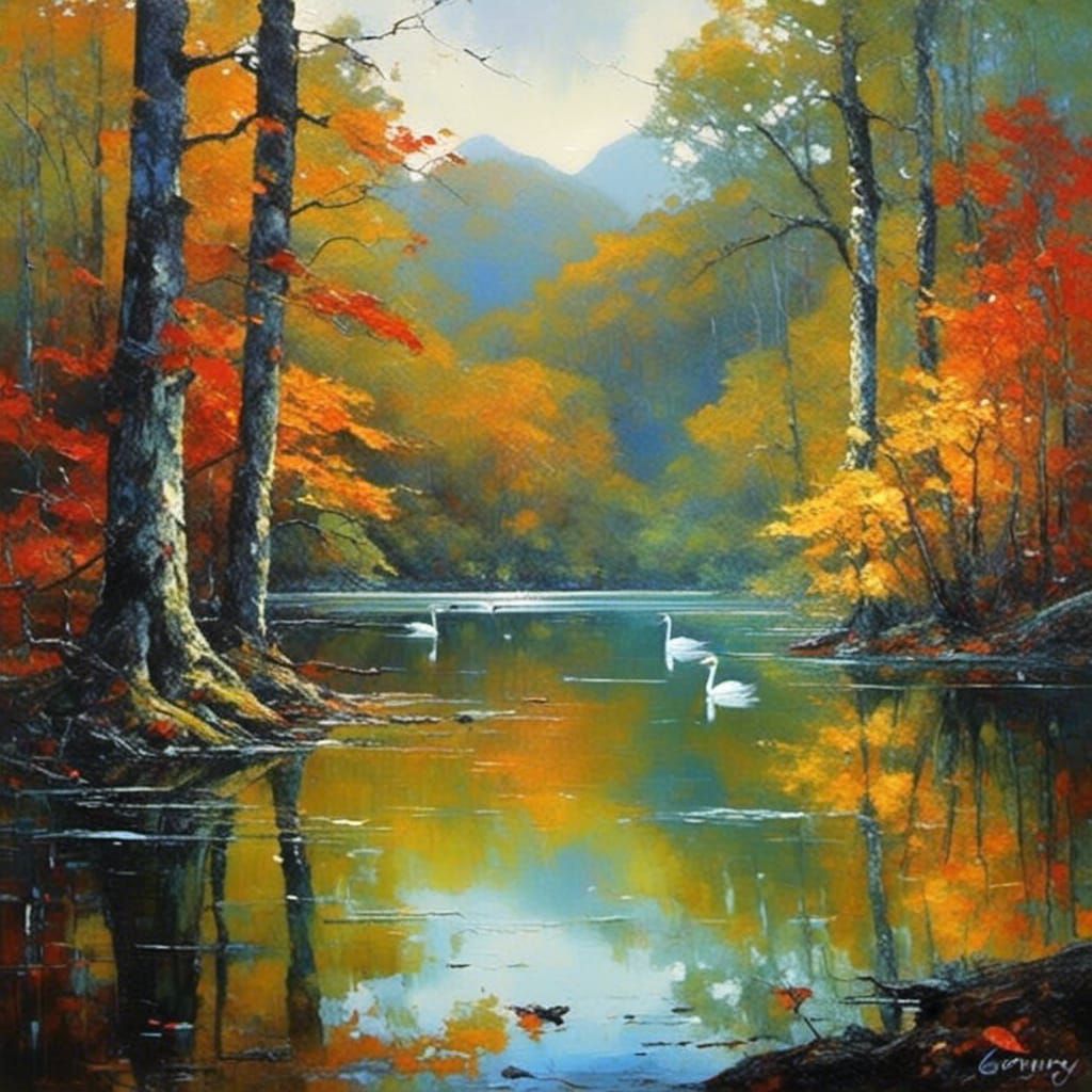 Impressive Impasto Painting of Majestic Swans in a Forest La...