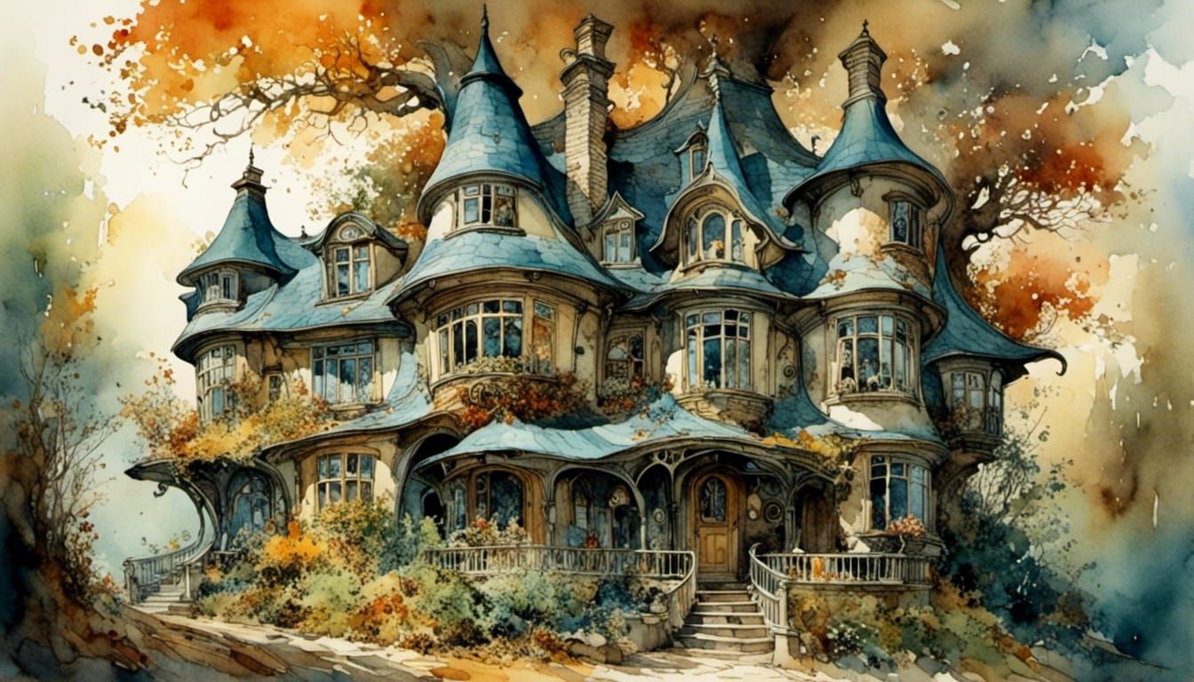 Charming Crooked House in Whimsical Watercolor