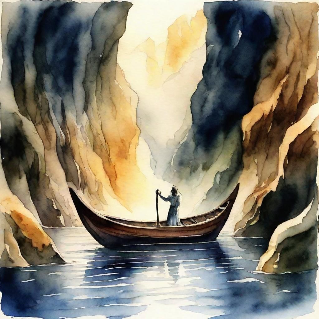 Watercolor Depiction of a Boat Crossing the River Styx in th...