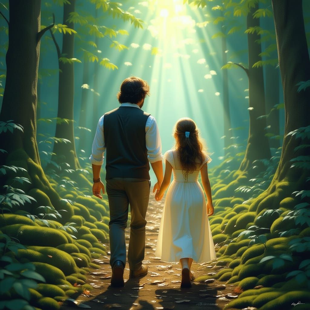 Father and Daughter in Sun-Dappled Forest