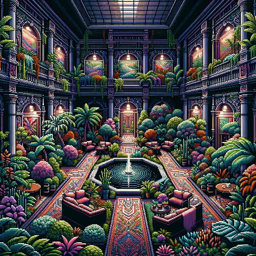 Luxury 8-bit Indoor Garden Scene at Dusk