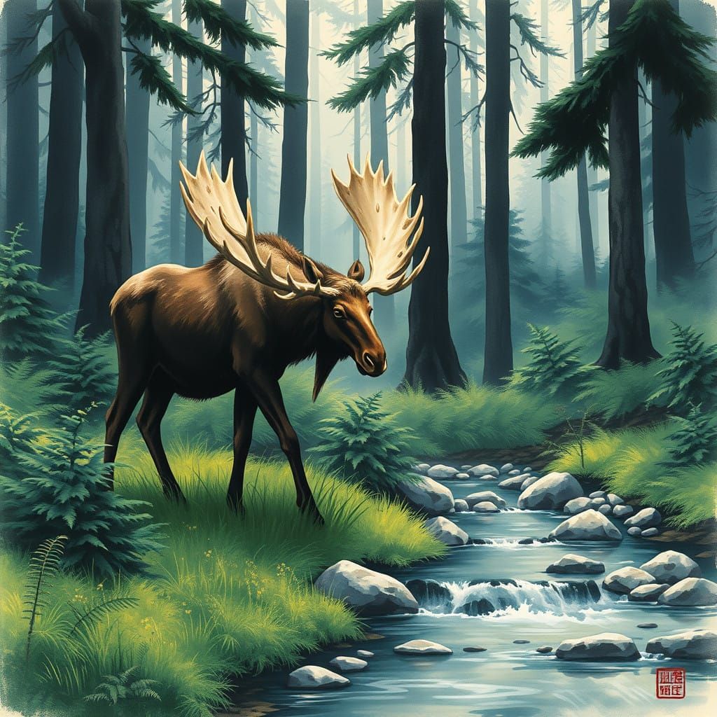 Peaceful Moose in a Lush Forest Landscape