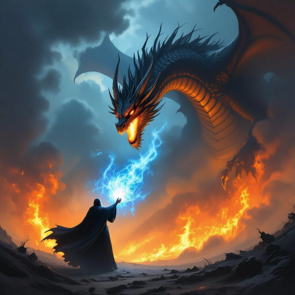 Wizard vs. Dragon: Epic Fantasy Battle in Dark Concept Art