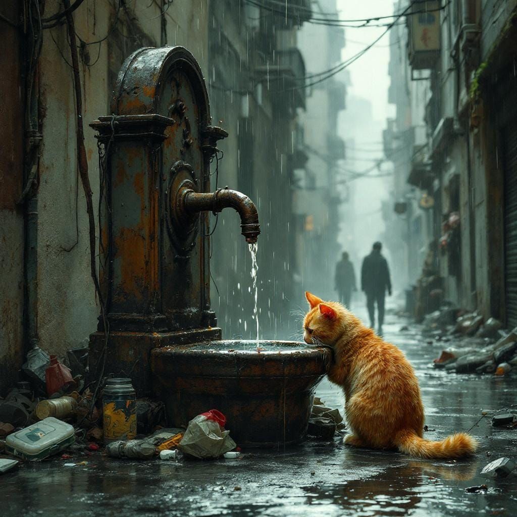 Cat Drinks from Grimy Fountain in Rainy Alley
