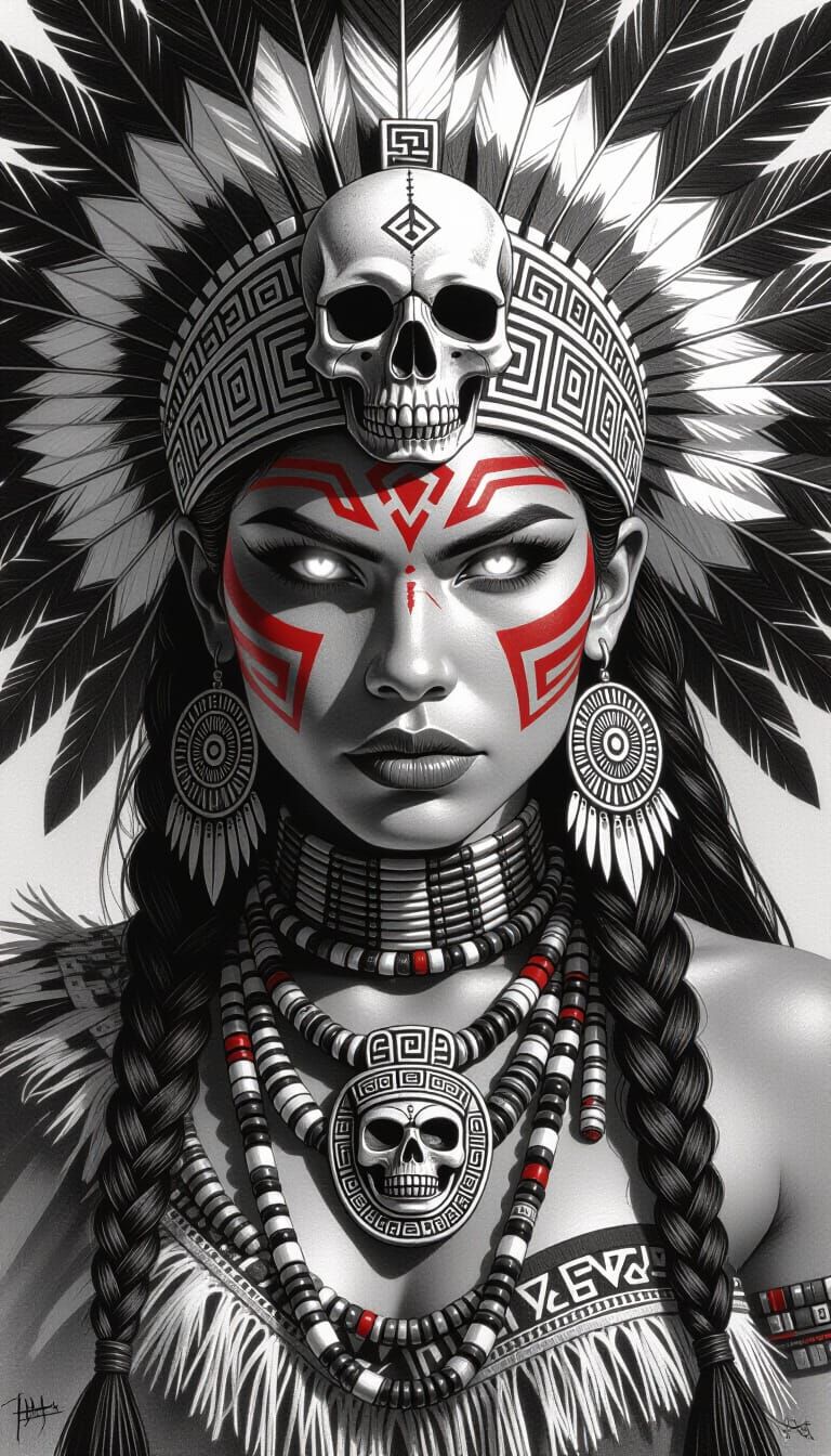 Aztec Warrior Woman Charcoal Drawing with Skull Headdress