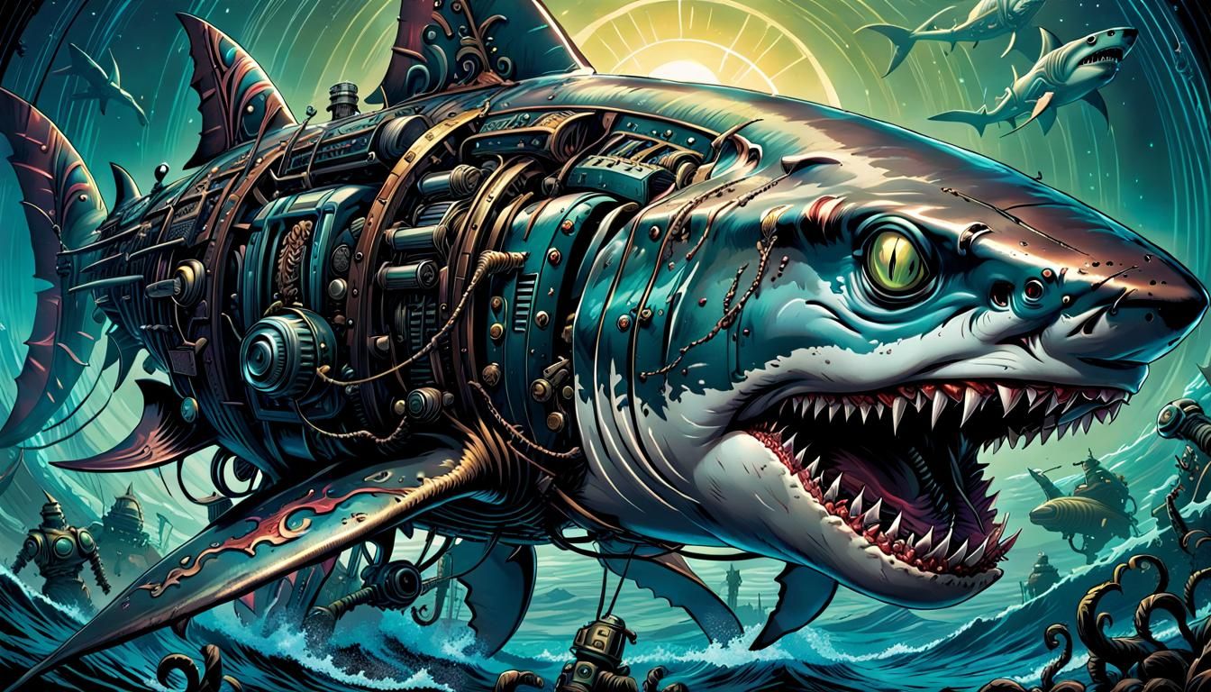 Mechanical Shark Emerges from Dark Depths