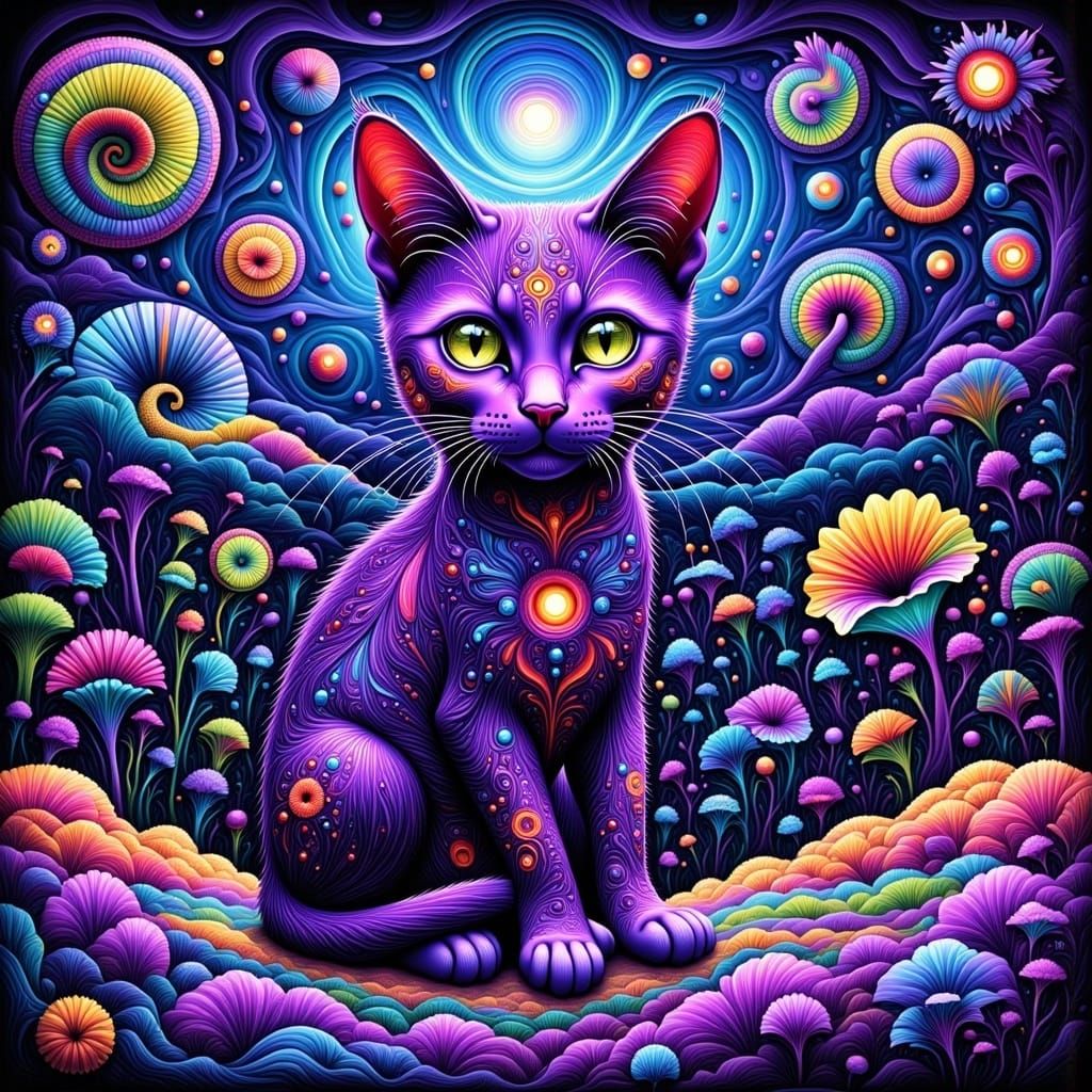 Vibrant Purple Feline in Fractal Dreamscapes