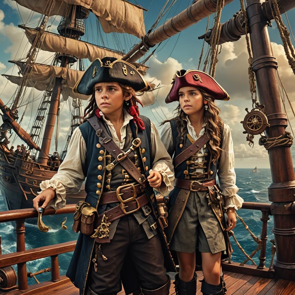 A brother and sister duo dressed as pirates, standing on the...
