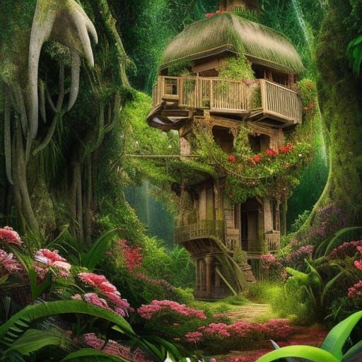 Epic Jungle Treehouse in Vibrant Digital Paint