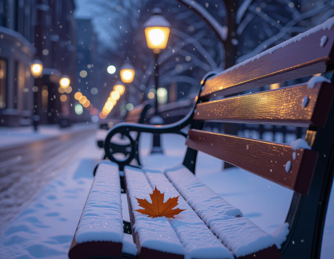 Cinematic Photo Of Snowy Wooden Bench With Maple Leaf