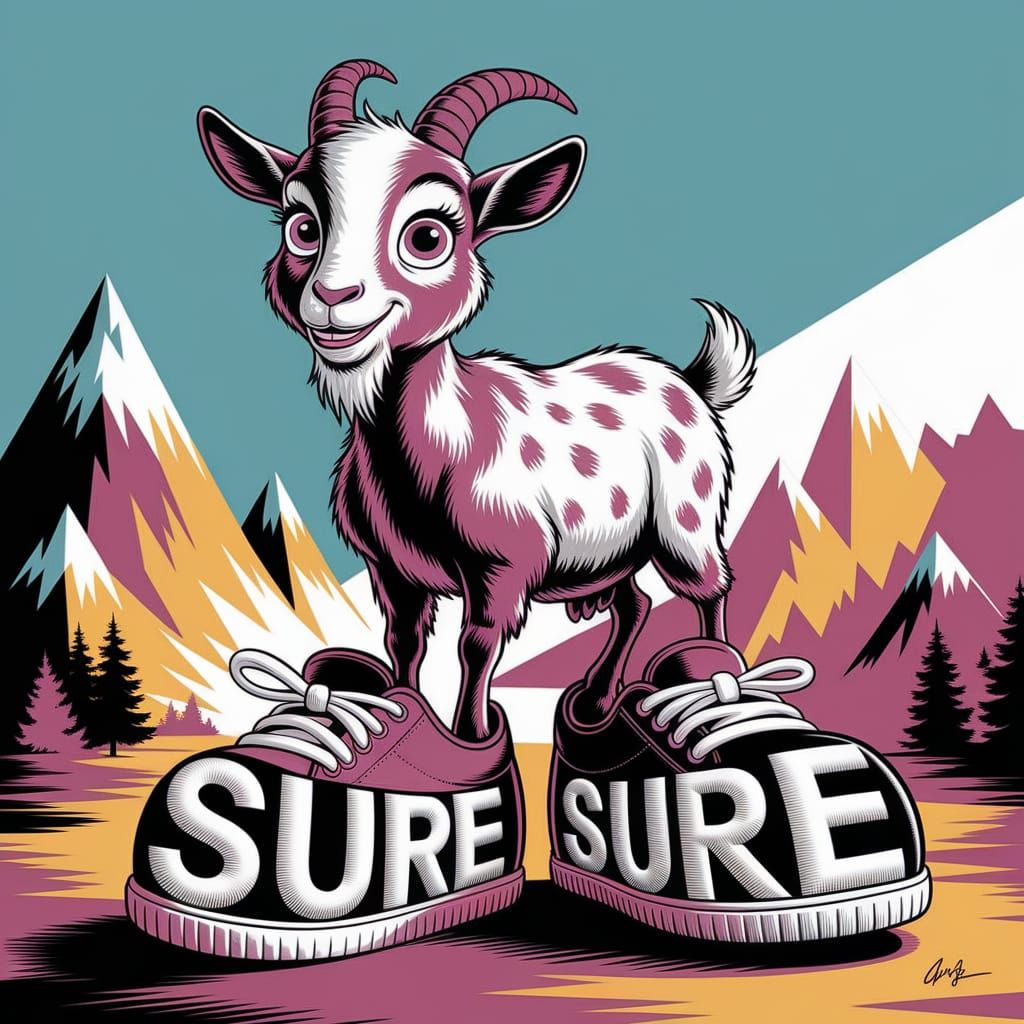 Goat with "SURE" Shoes in Pixar Style