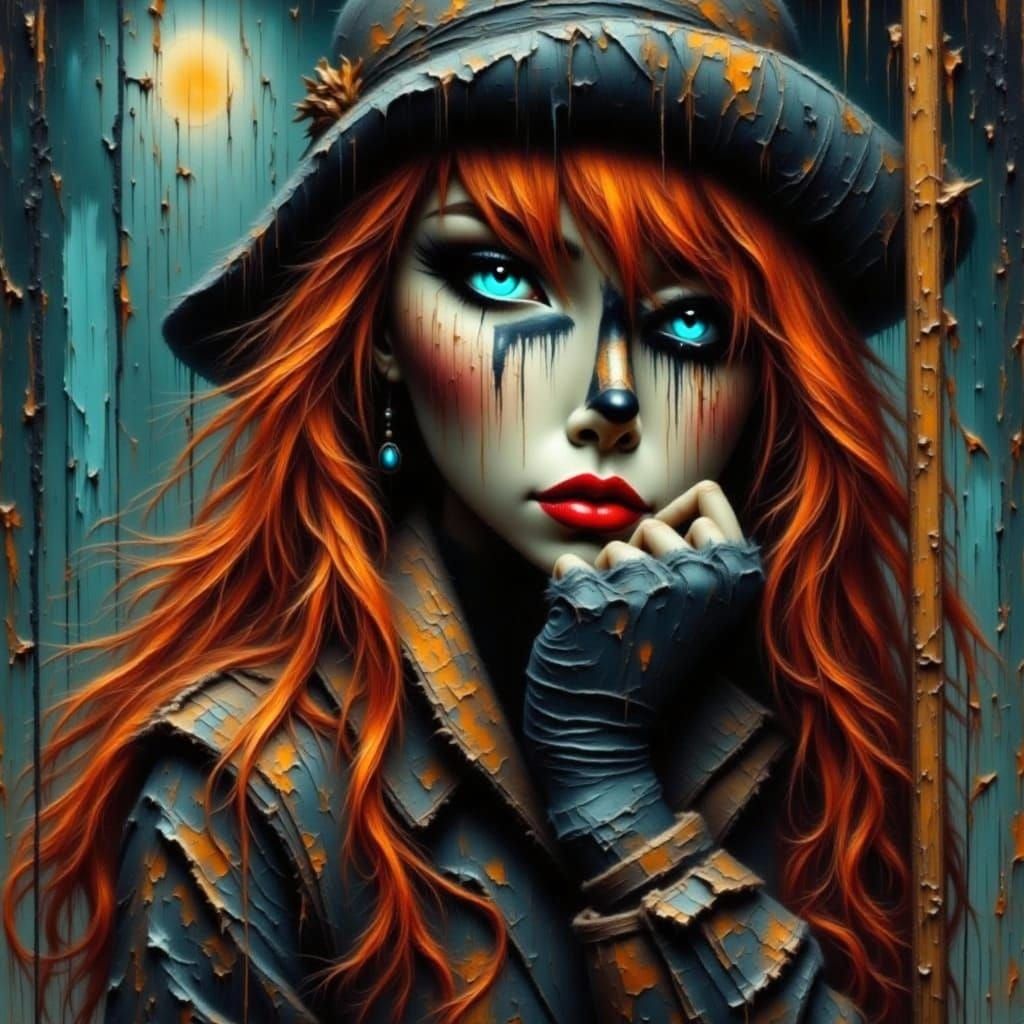 Woman with Red Hair at Rainy Bus Stop