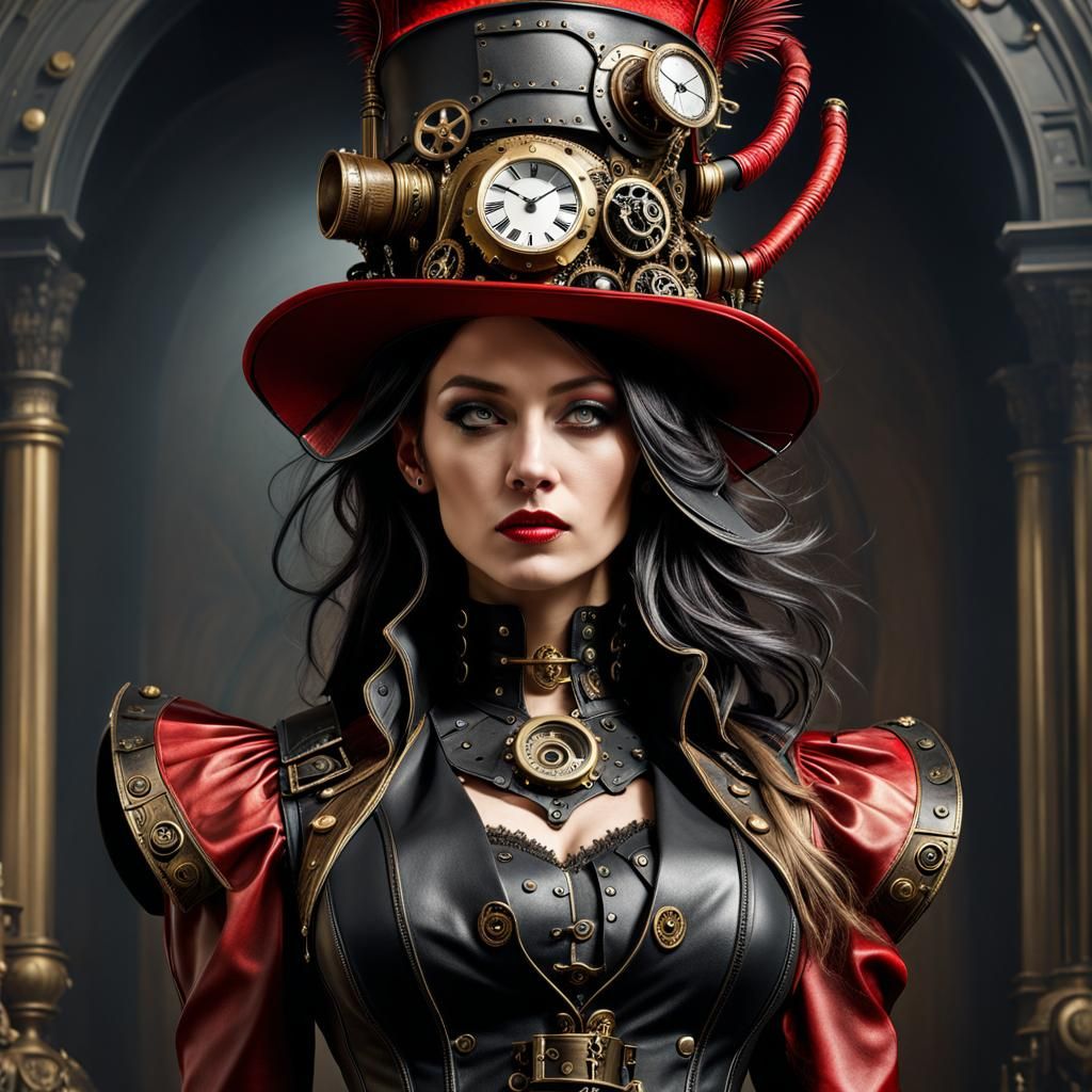 Young Woman Wears Elegant Steampunk Headpiece in Mysterious...