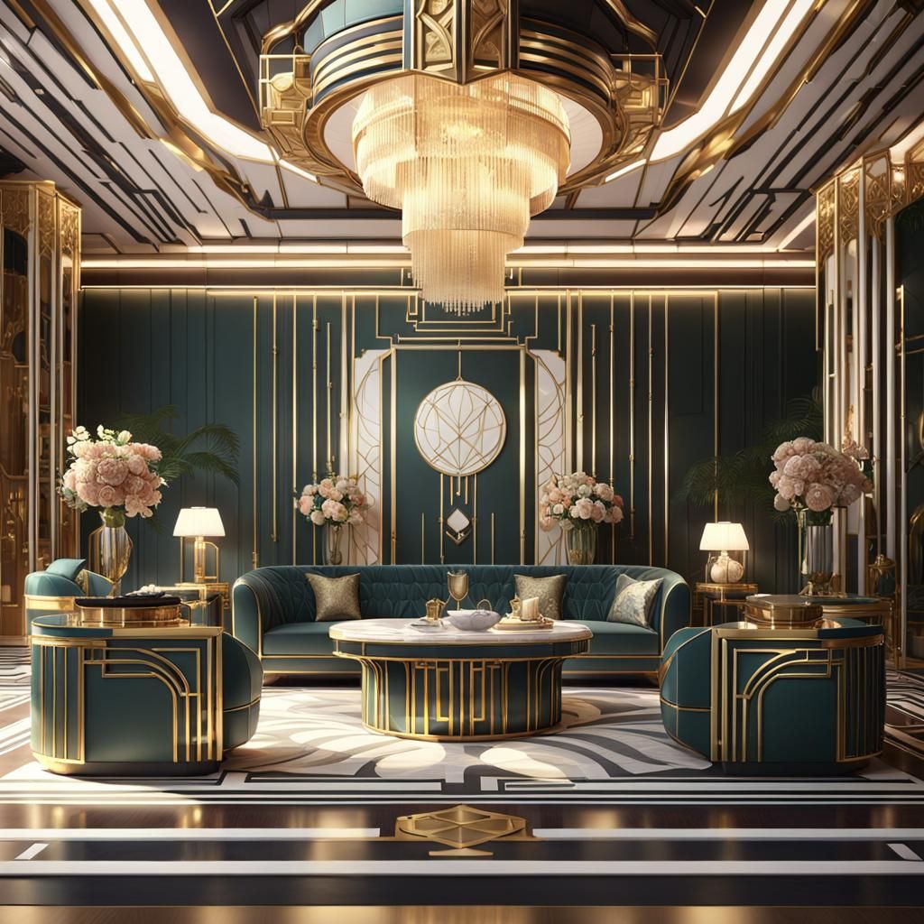 Opulent 8K Art Deco Interior Scene in Vibrant Geometric Aest...