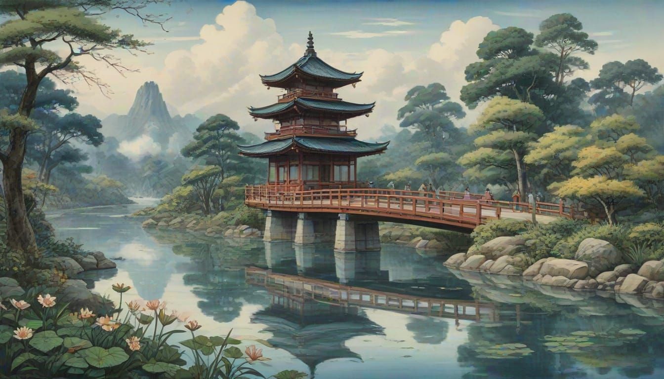 Japanese Pagodas in Kuniyoshi Watercolor Style