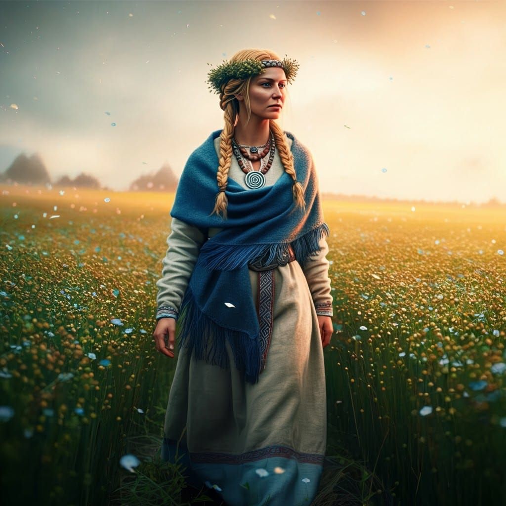 Ancient Latvian Goddess in a Flax Field