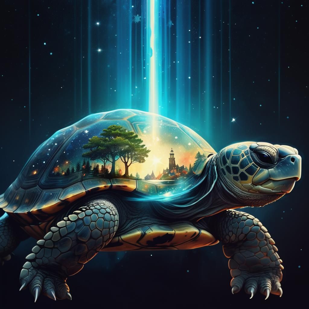 Surreal Dreamlike Scene with Tortoise Emerging from Cosmic E...