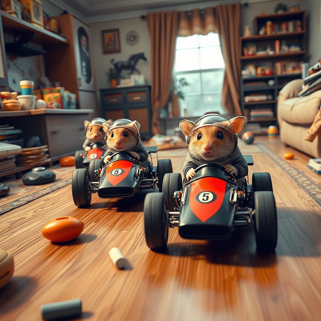 Hyperrealistic Hamsters Racing Cars in Cluttered Living Room