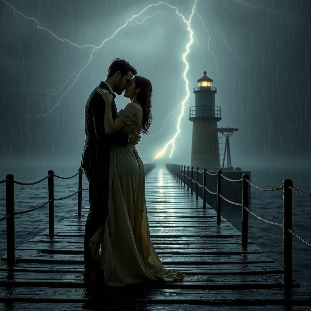 Couple's Pier Embrace in Gothic Cinematic Style