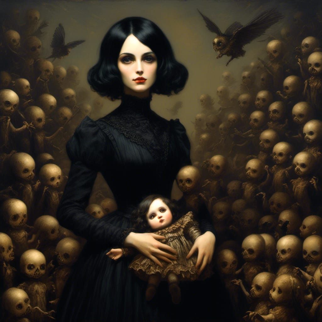 Woman in Victorian Mourning Attire with Dolls