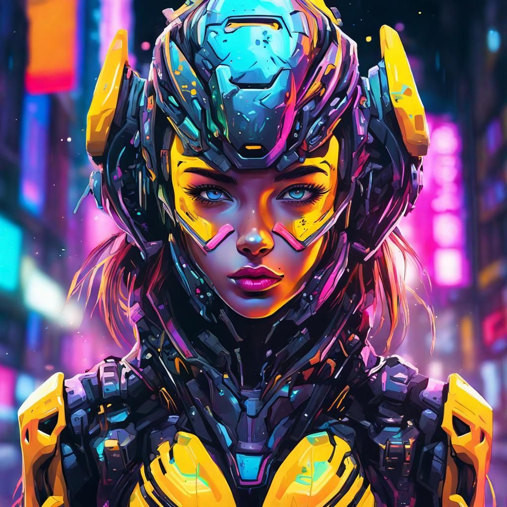 Cyborg Girl in Neon City Night
