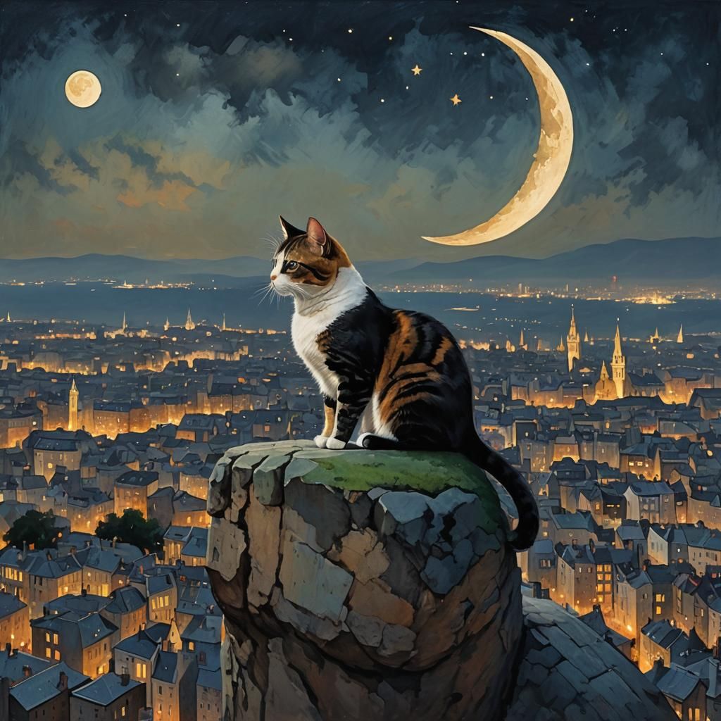 Whimsical Crescent Moon Scene of a Cityscape