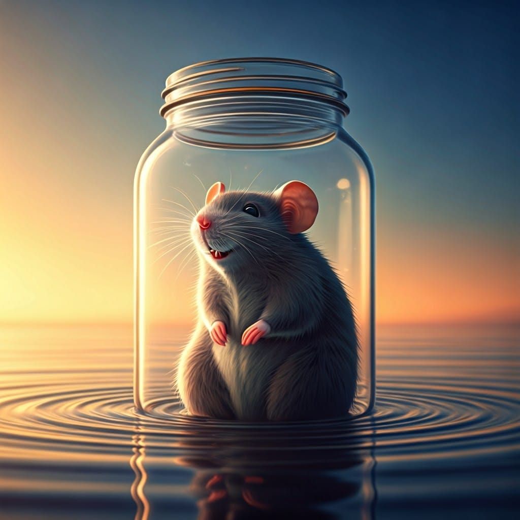 Joyful Rat in Glass Jar Adrift on Serene River in Hyper-Real...