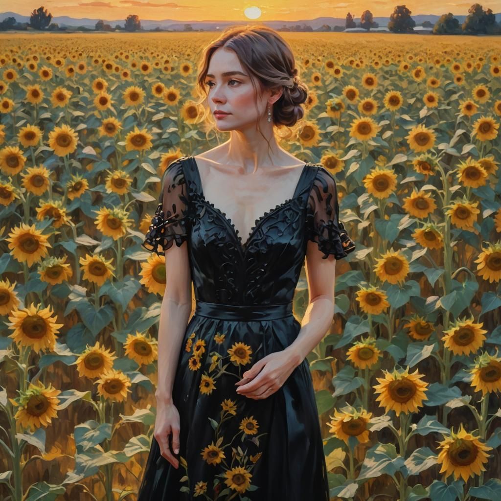 Elegant Woman in Evening Gown with Sunflowers and Sunset