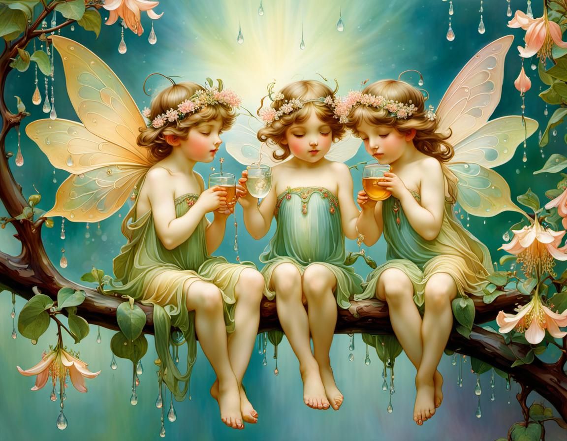 Whimsical Fairies Bask in Morning Dew and Honeysuckle Beauty