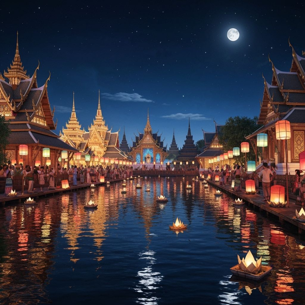 Loi Krathong Festival Panorama with Floating Lanterns