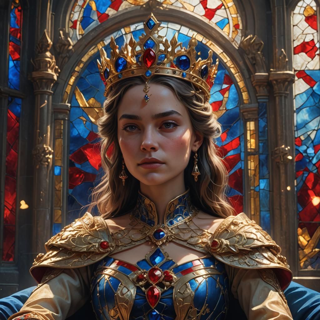 Regal Queen in Vibrant Fantasy Throne Room