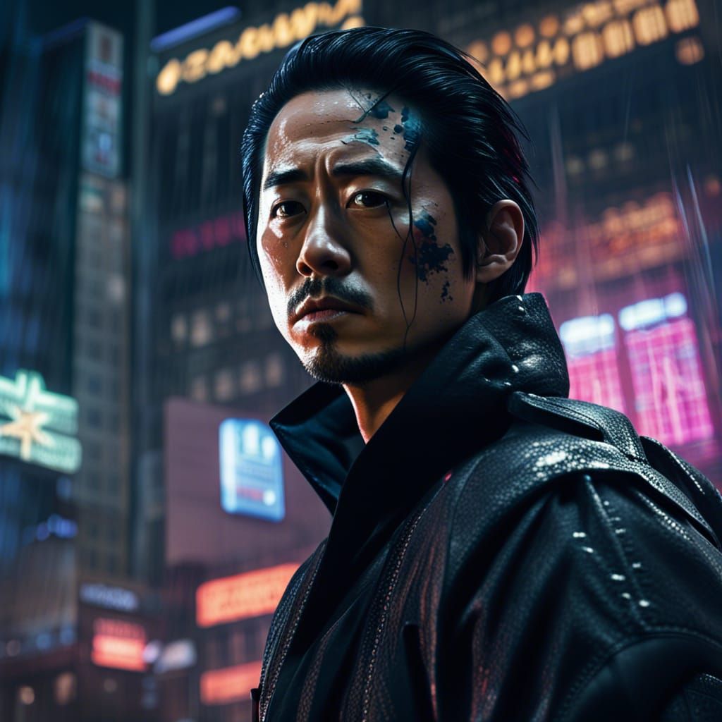 Cyberpunk Samurai Hacker in a Rainy City Square