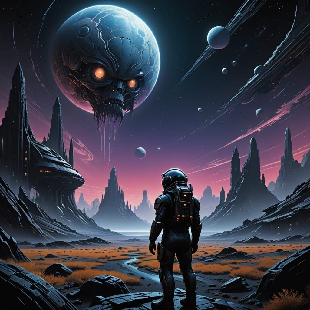 Astronaut Contemplates Swirling Nebula on Alien Planet