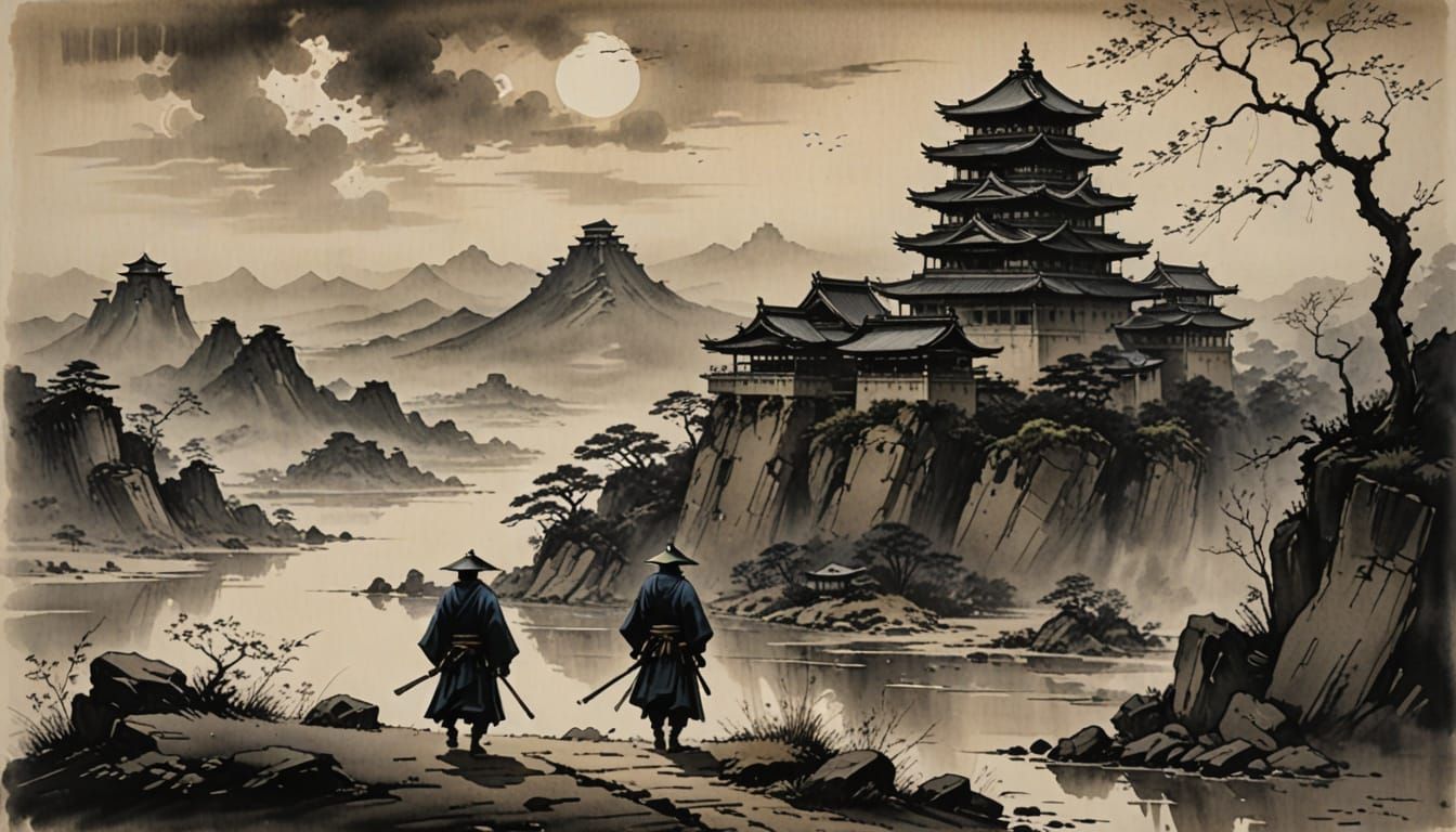 Lone Ronin in Crumbling Castle Ink Wash Painting
