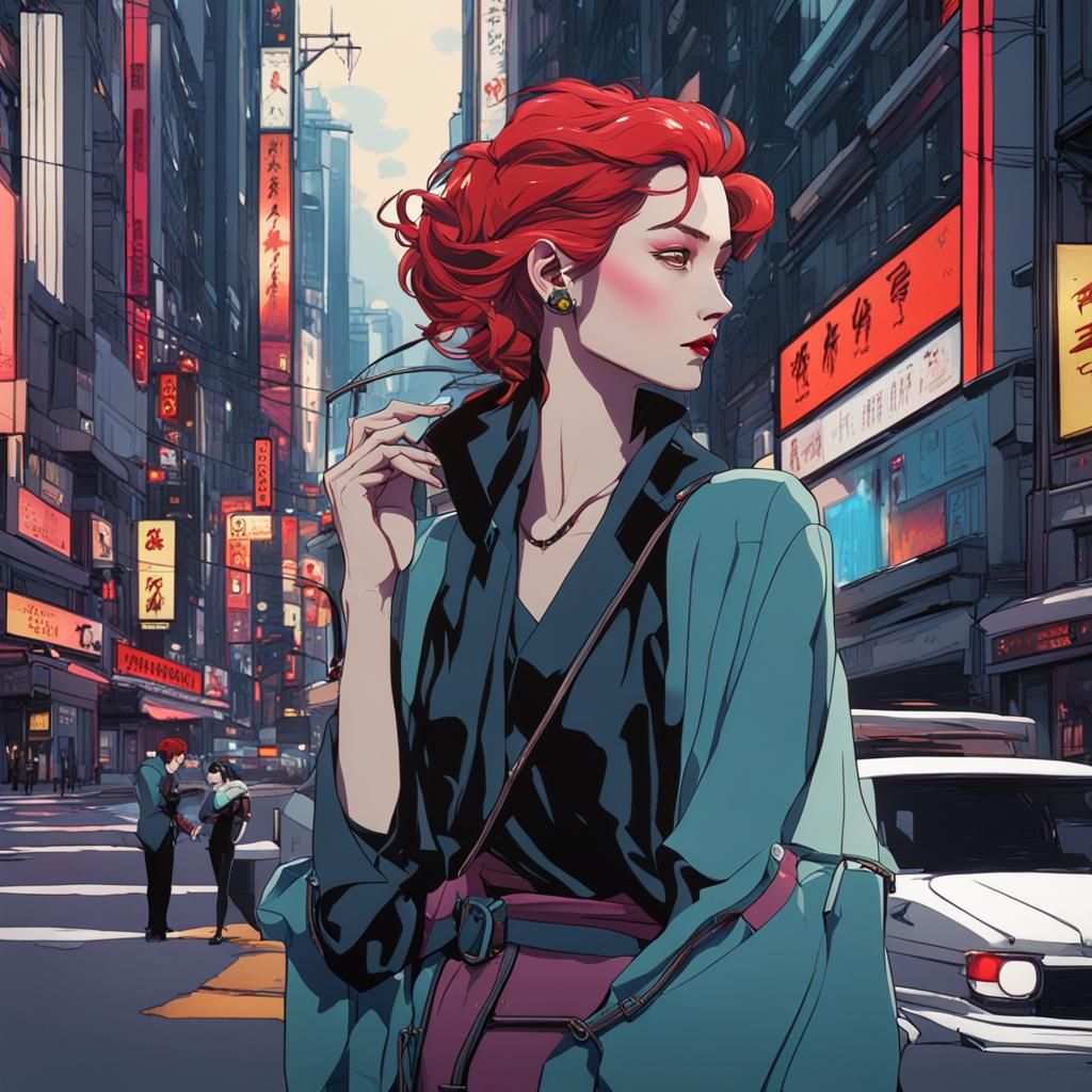 mangaii in action, in the style of patrick nagel, yuumei, realistic yet romantic street scene, pensive poses, close up, ...