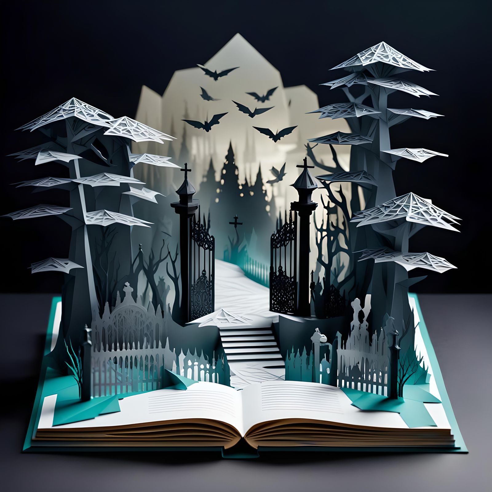 Intricate Papercraft Cemetery Scene in a Mystic Fog