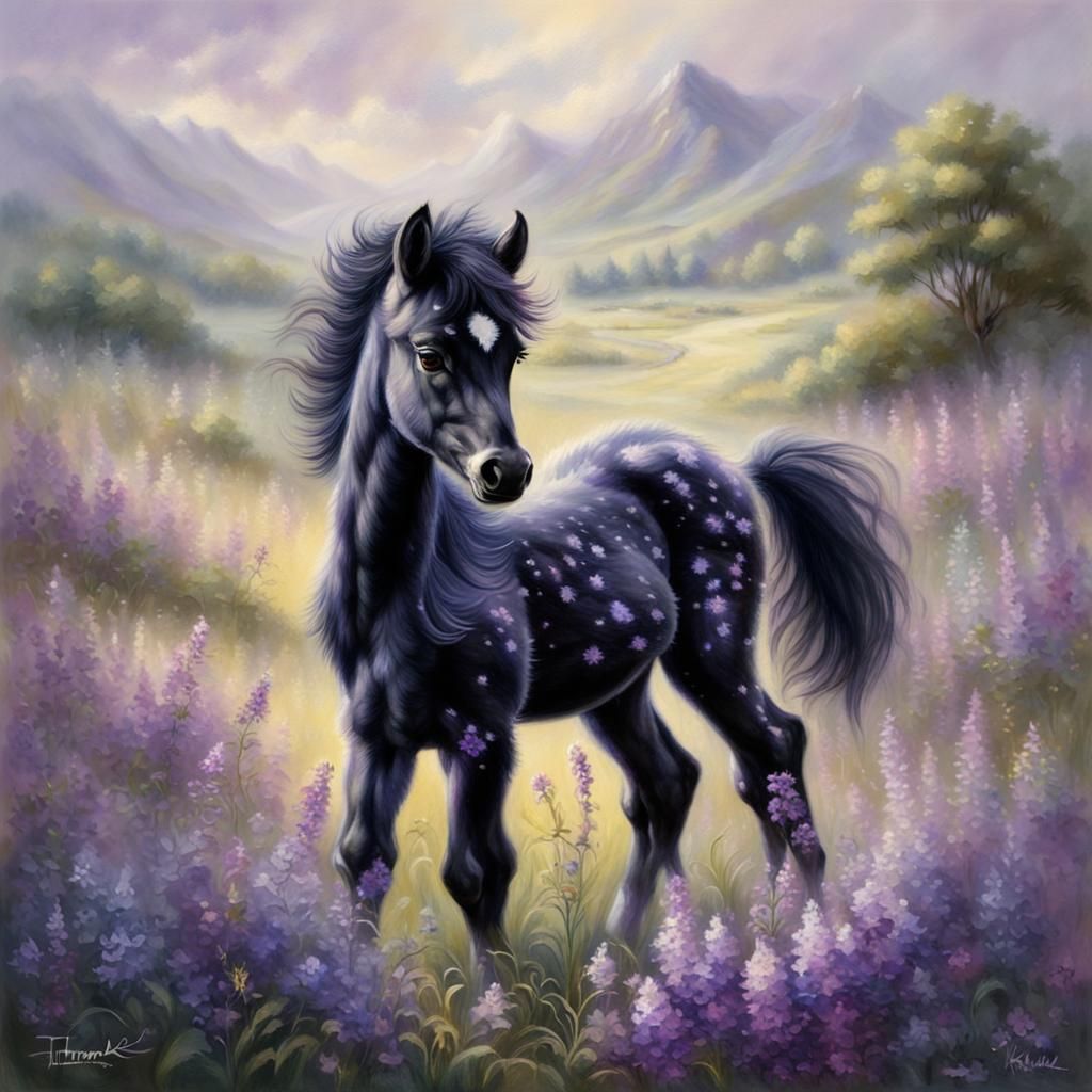 Vibrant Pastel Foal Takes First Steps in a Meadow of Purple....