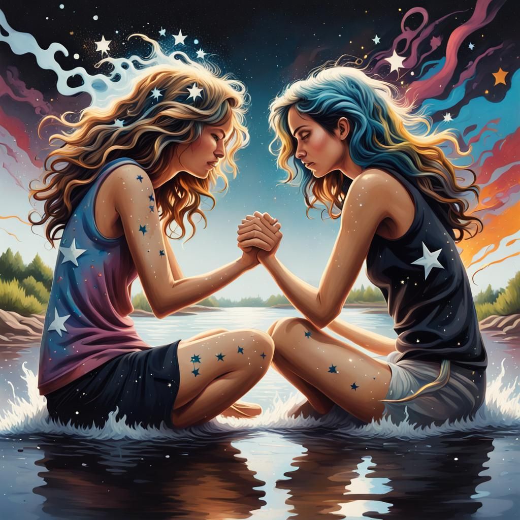 Couple in Vibrant Graffiti Style Amidst River Breeze