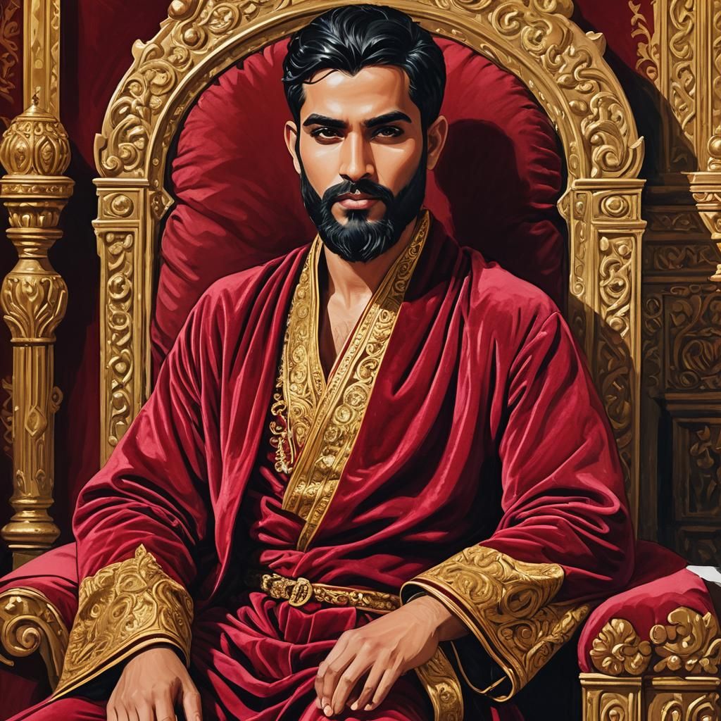 Young Indian King in Splendid Red Velvet Robe, Sitting on Go...
