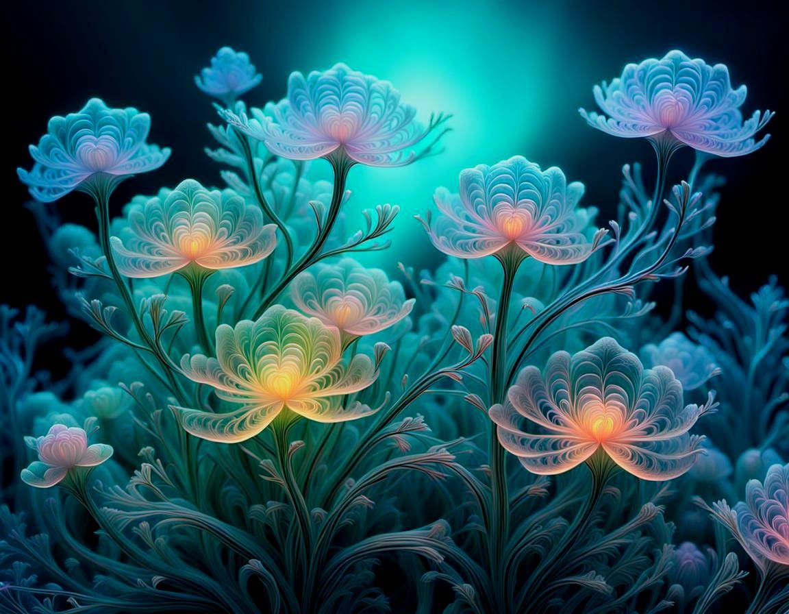 Ethereal Bioluminescent Botanicals in Vibrant Opalescent Hue...