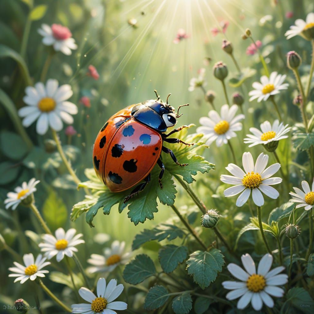 Dreamy Ladybug in Vibrant Spring Garden