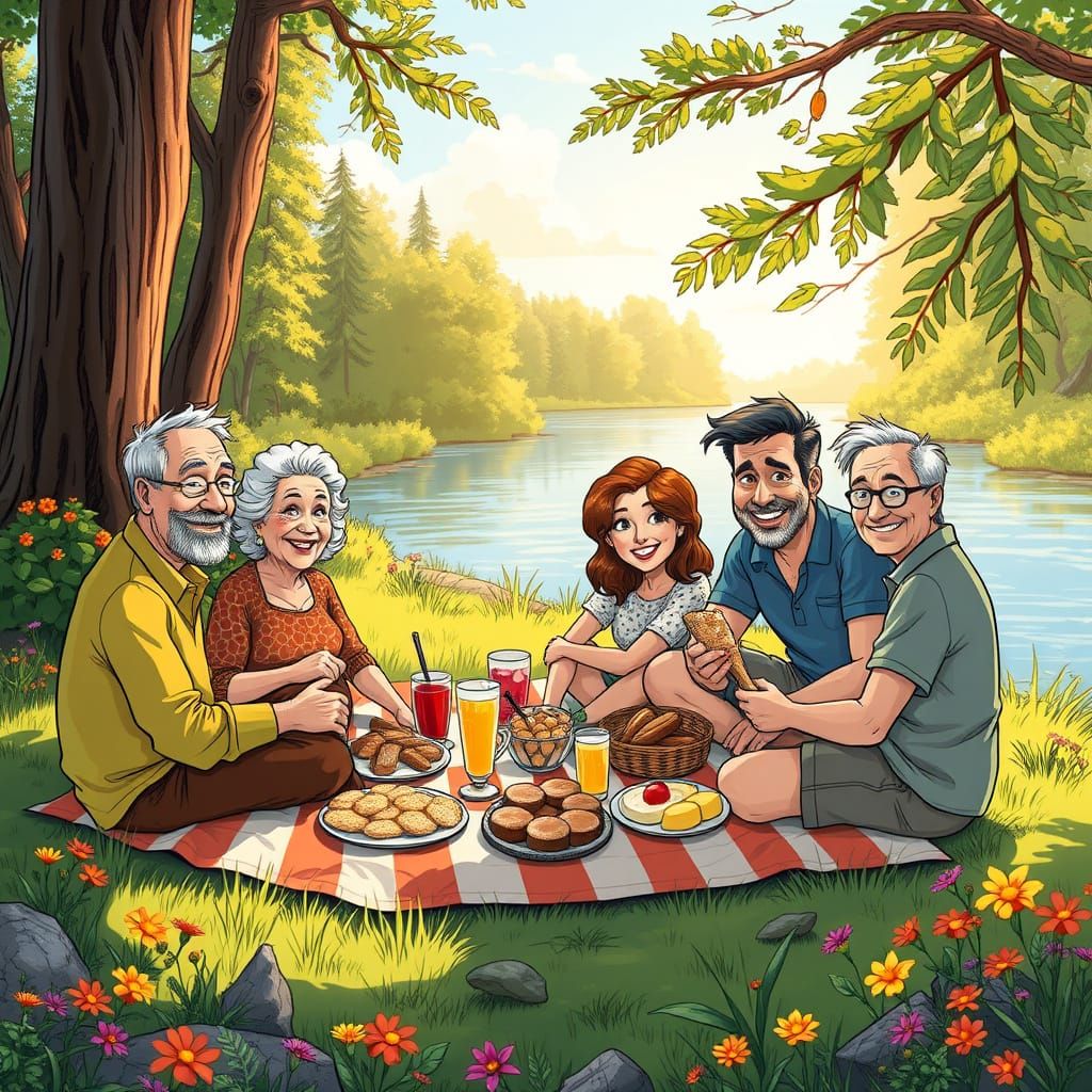 Grisszly Family Picnic Scene in Whimsical Comic Book Style