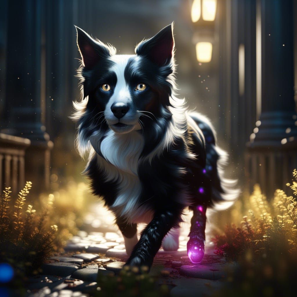 Whimsical Feline and Canine Duo Walks Amidst Glittering Sple...