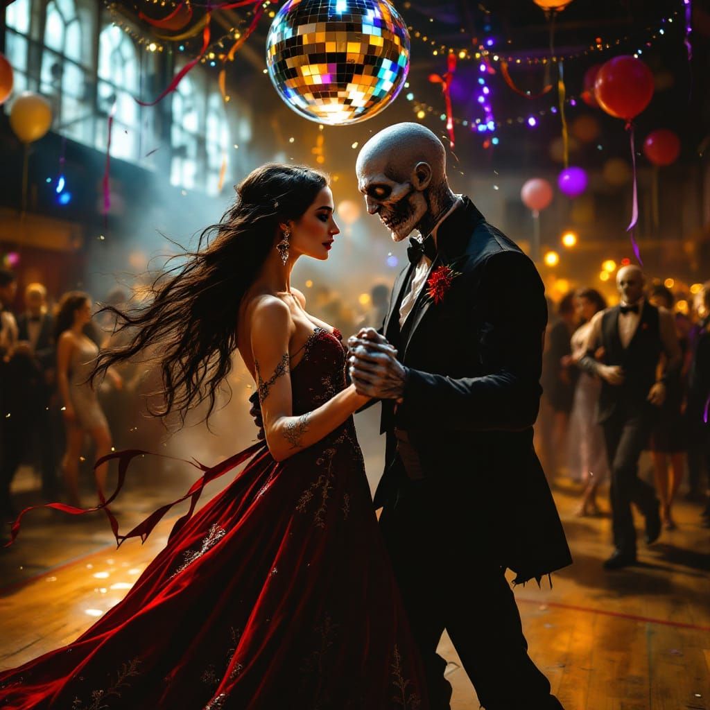 Sultry Vampire in Crimson Velvet Reigns Over a Macabre Disco...