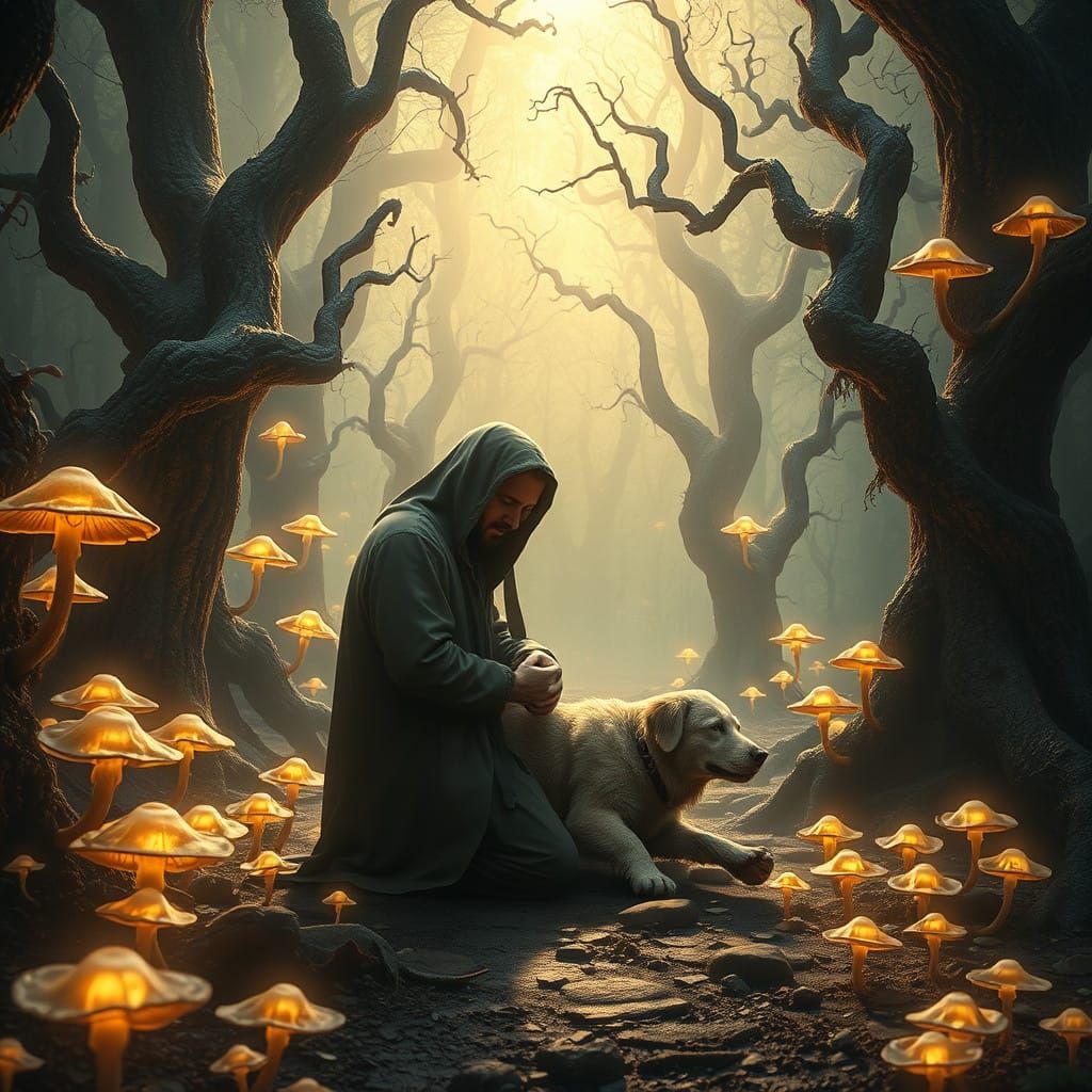 Mourning Man in Ethereal Forest