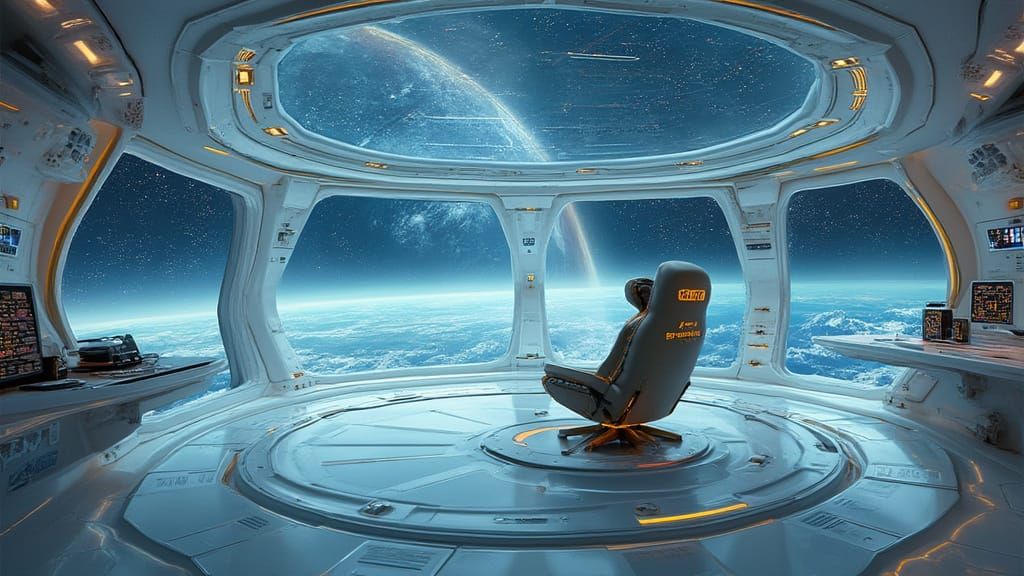 Futuristic Observation Room on Royal Flagship: Luxurious Whi...
