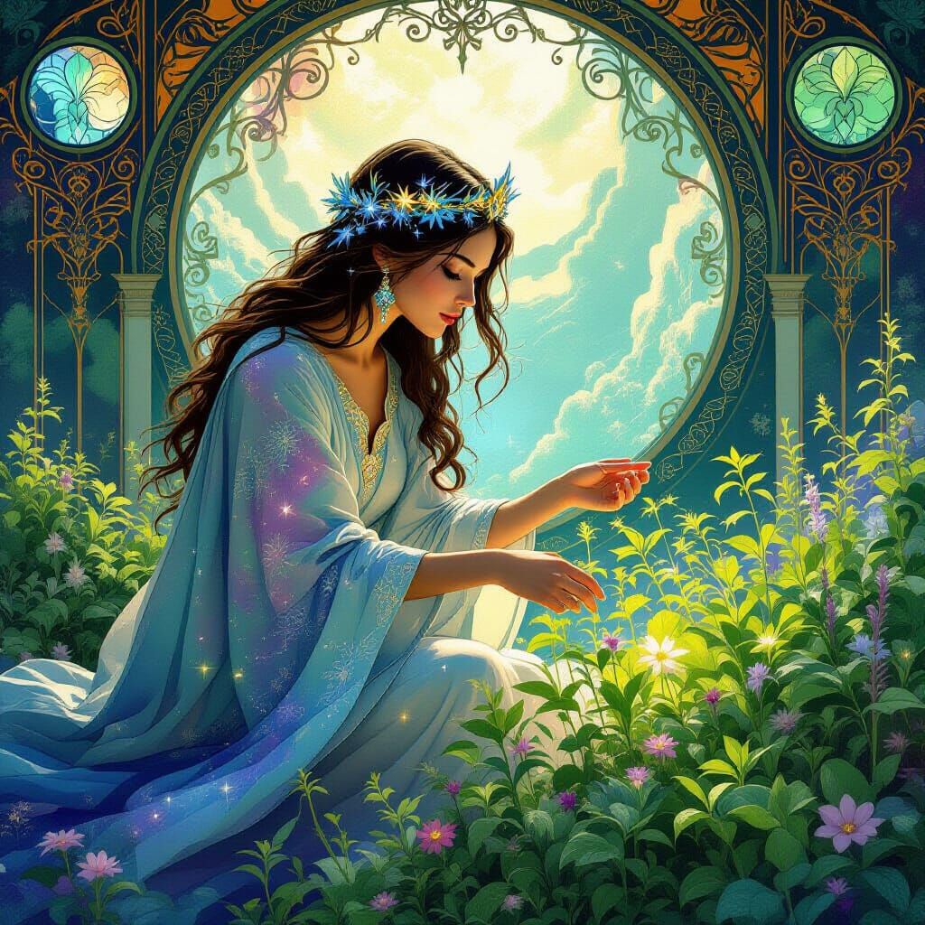 Celestial Herbalist's Floating Garden: Art Nouveau Style