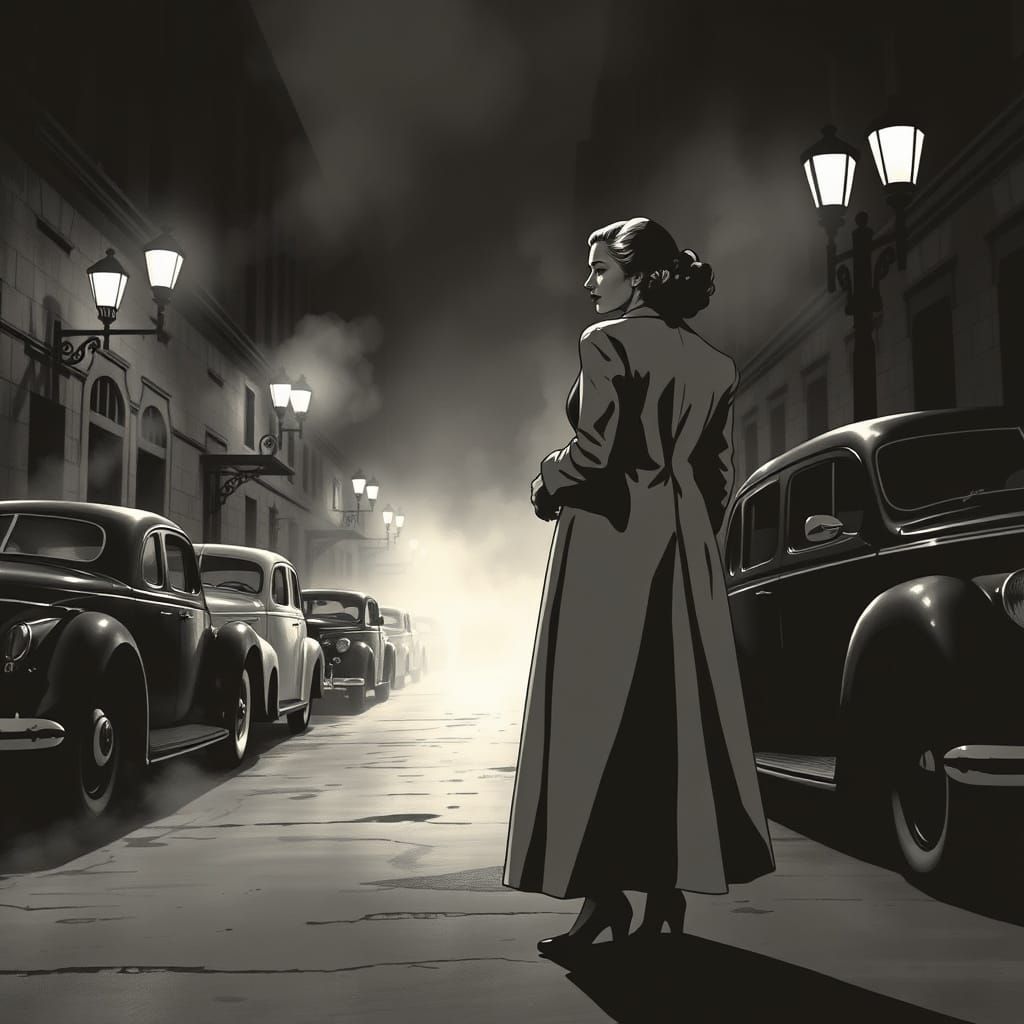 Film Noir Woman in Dimly Lit Alleyway