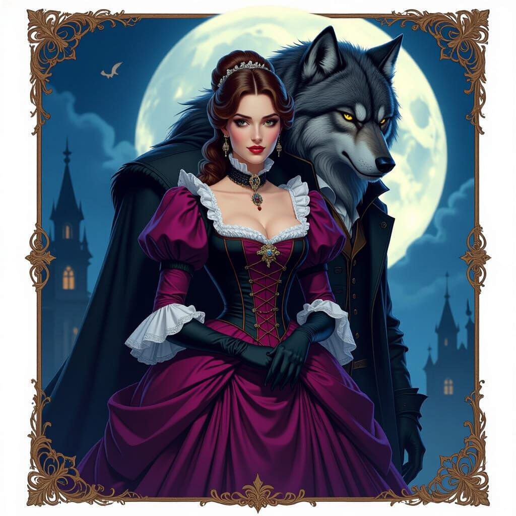 Victorian Noblewoman Guarded by Werewolf in Gothic Night