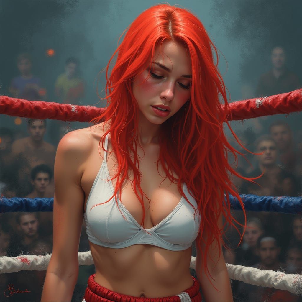 Vibrant Red Haired Boxer in a Crowded Boxing Ring